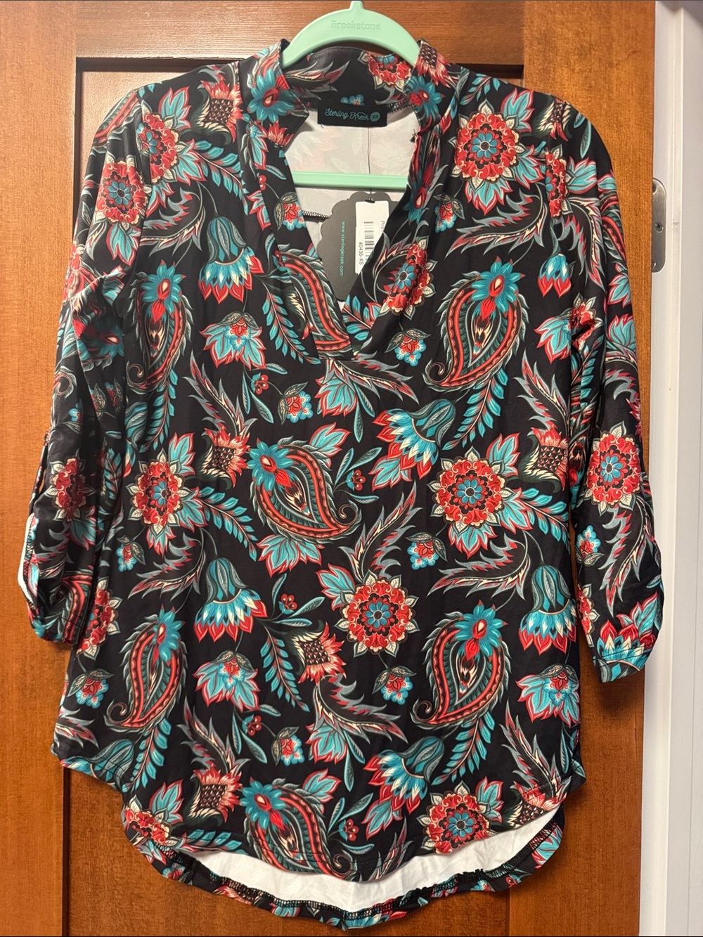 Women's Floral Paisley V-Neck Blouse — Black with Teal & Red